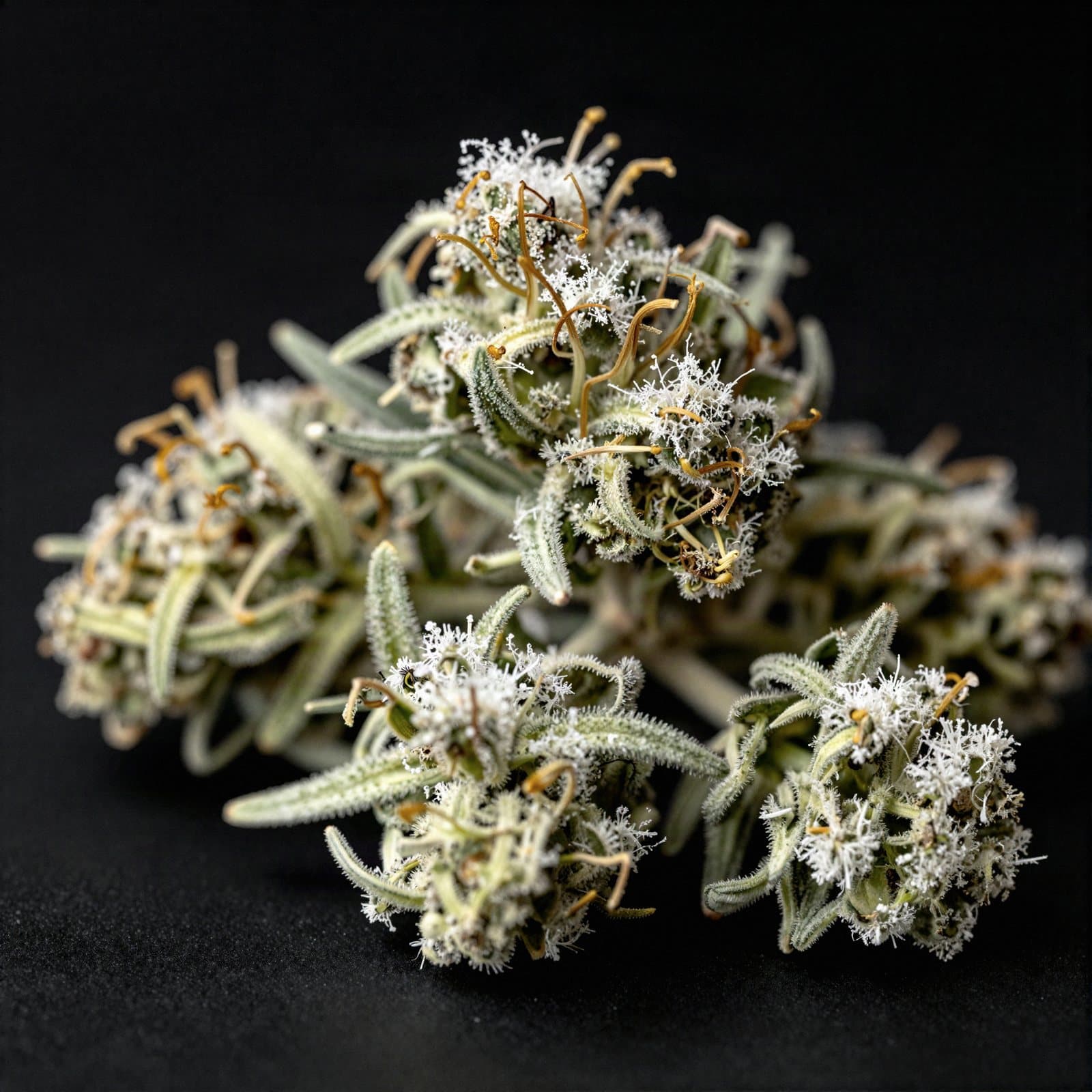Sommités d'Amnesia JSH sur fond noir, structure aérée, vert clair et trichomes denses en lumière rasante.
